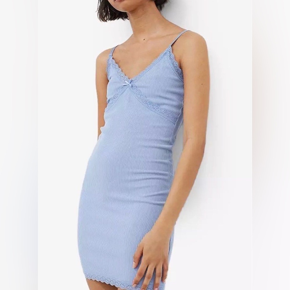 H&M Divided Powder Blue Ribbed Lace Trim Bodycon Dress Size Medium